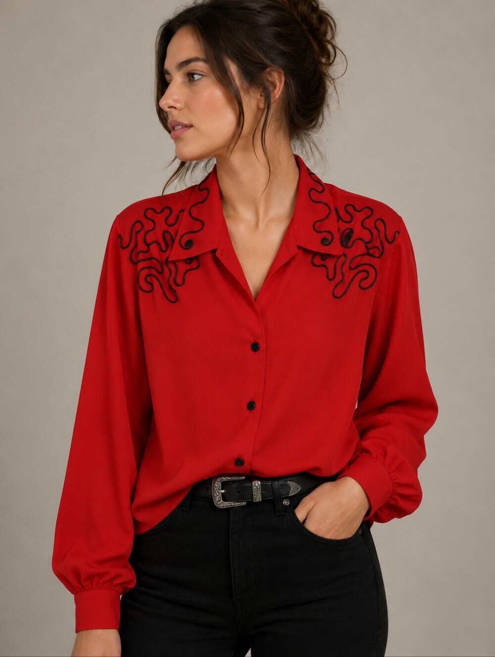 Vtg AVON 1970s Swirl Ribbon Long Sleeve Button Down Tomato Red Shirt